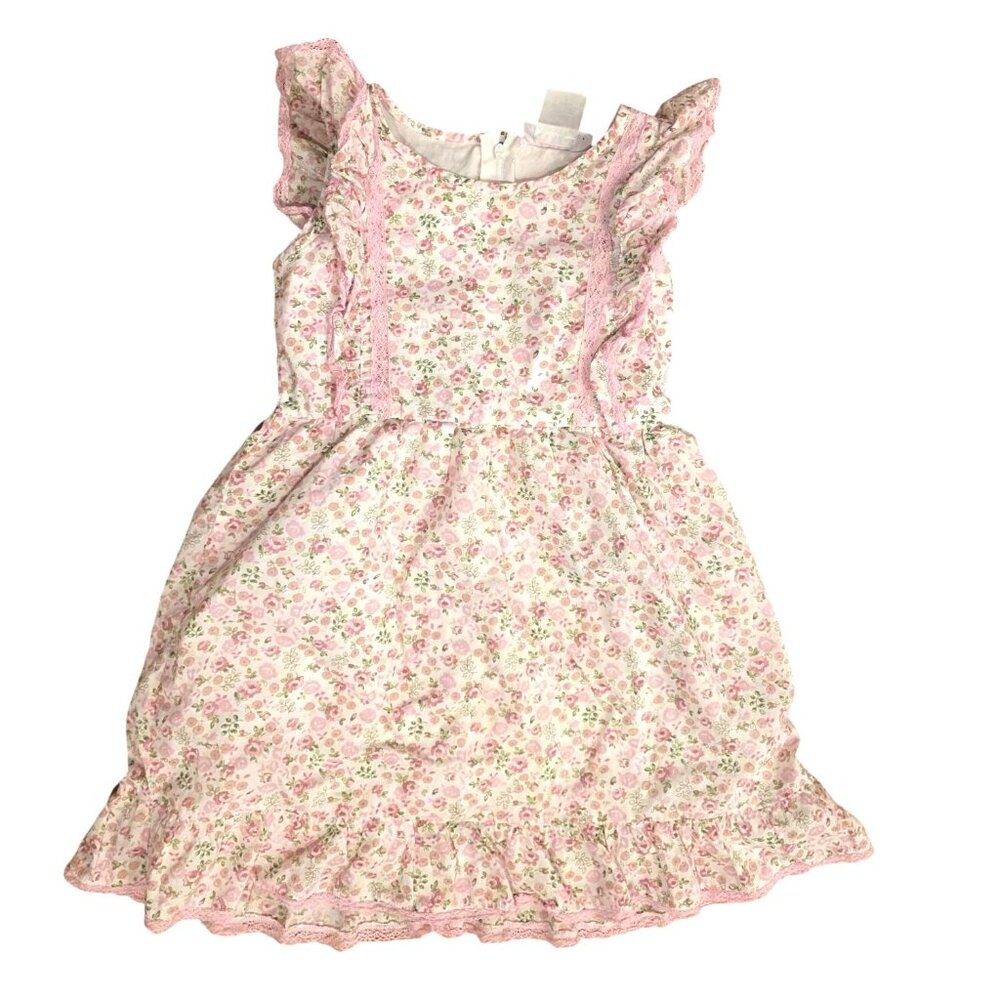 American Girl LoveshackFancy Floral Pink Dress Lace Ruffle Trim Bow Detail Sz 7